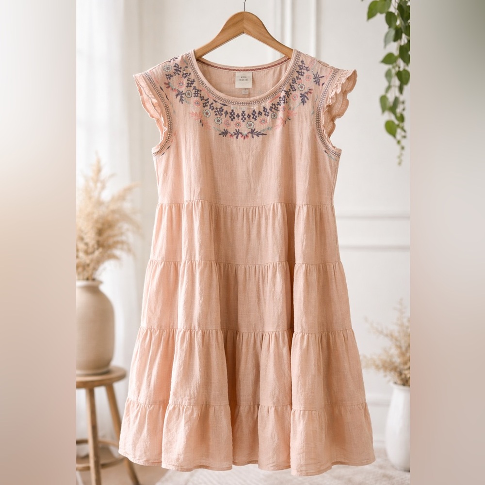 Knox Rose Blush Pink Embroidered Tiered Dress Medium Boho Cottagecore - Picture 2 of 10